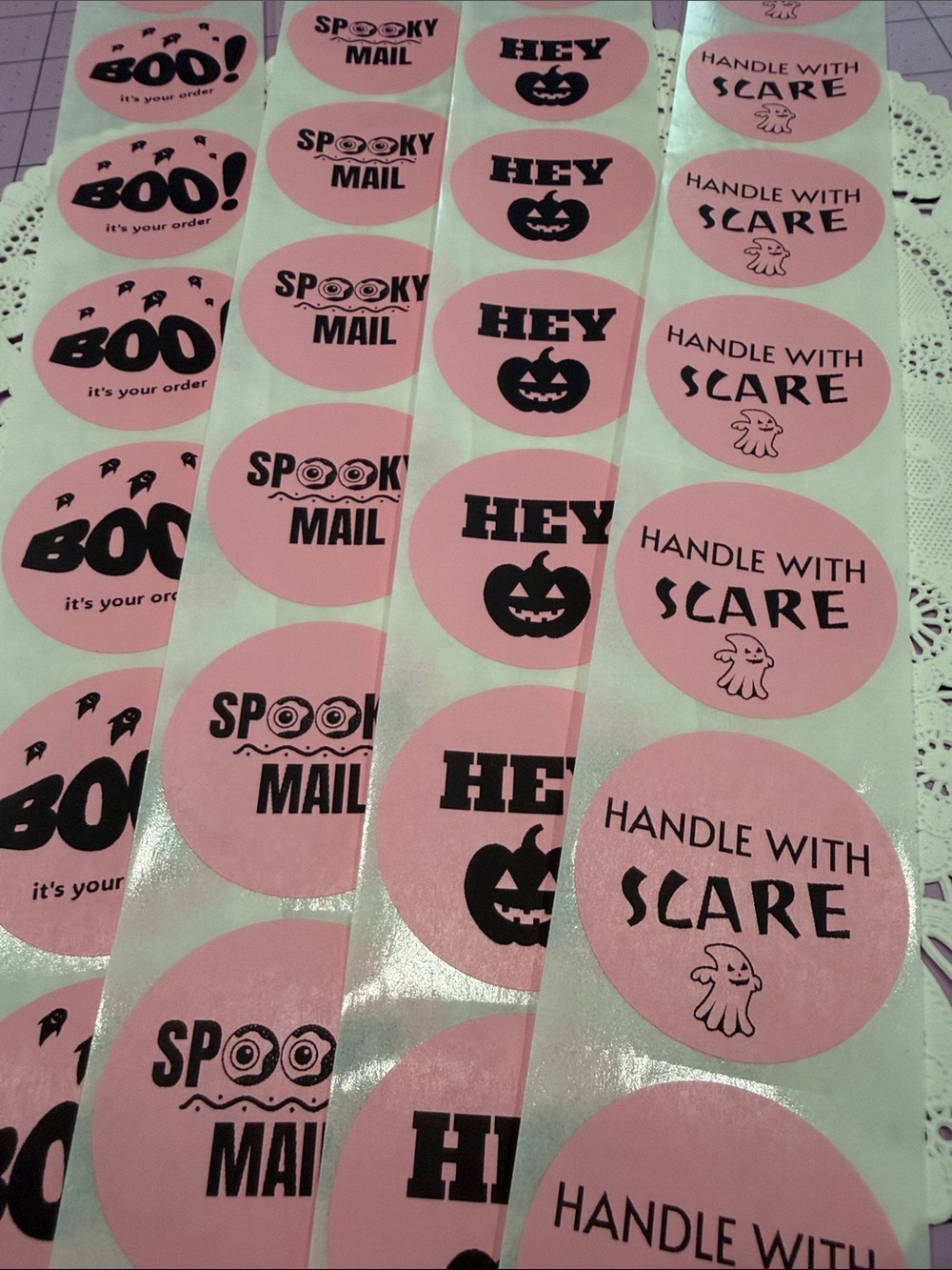 2” Pink Halloween Sticker Rolls - Assorted Spooky Designs set if 100